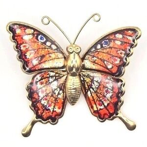 Interpur Taiwan Gold Tone 90s Butterfly Brooch Enamel Orange Wings Blue Accents